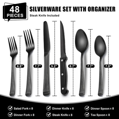 49-Piece Black Silverware Set with Organizer, Food-Grade Stainless Steel Black Flatware for 8, Cutlery Utensil Sets with Steak Knives, Rust-proof, Mirror Polished, Dishwasher Safe, Roman Column