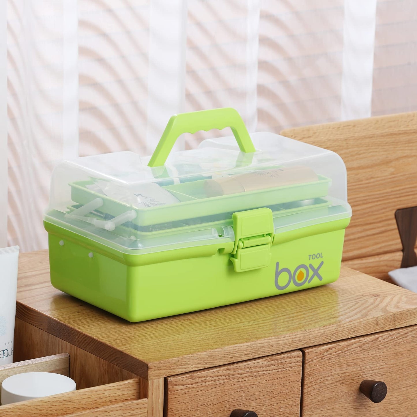 Kinsorcai 2PCS 12'' Three-Layer Clear Plastic Storage Box/Tool Box, Multipurpose Organizer and Portable Handled Storage Case for Art Craft and Cosmetic (Green)