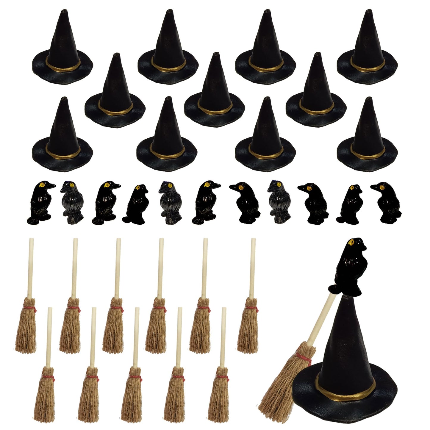 36 Pcs Mini Witch Hats Small Straw Brooms and Miniature Resin Crows Tiny Witch Accessories Set Dollhouse Table Decorations for Cupcake Topper DIY Crafts Halloween Decor Supplies