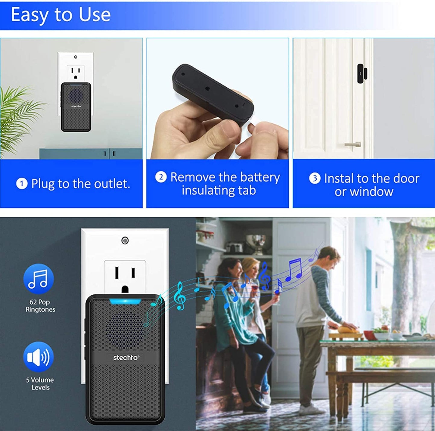 STECHRO Wireless Door Chime, 600Ft Range 5 Adjustable Volume 1 Magnetic Door open Contact Alarm with 62 Chimes Mute Mode Door Bell Plugin Receiver for Home/Office/Store (Black)