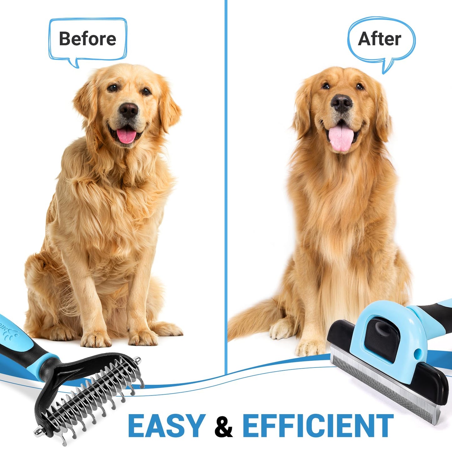 MIU COLOR Dog Brush Kit 2PCS, Deshedding Dog Brush & 2 Sided Undercoat Rake for Dogs & Cats, Long Medium Hair Deshedding Tool, Effective Dog Brush Set Removing Knots, Mats, Tangles, Extra Wide