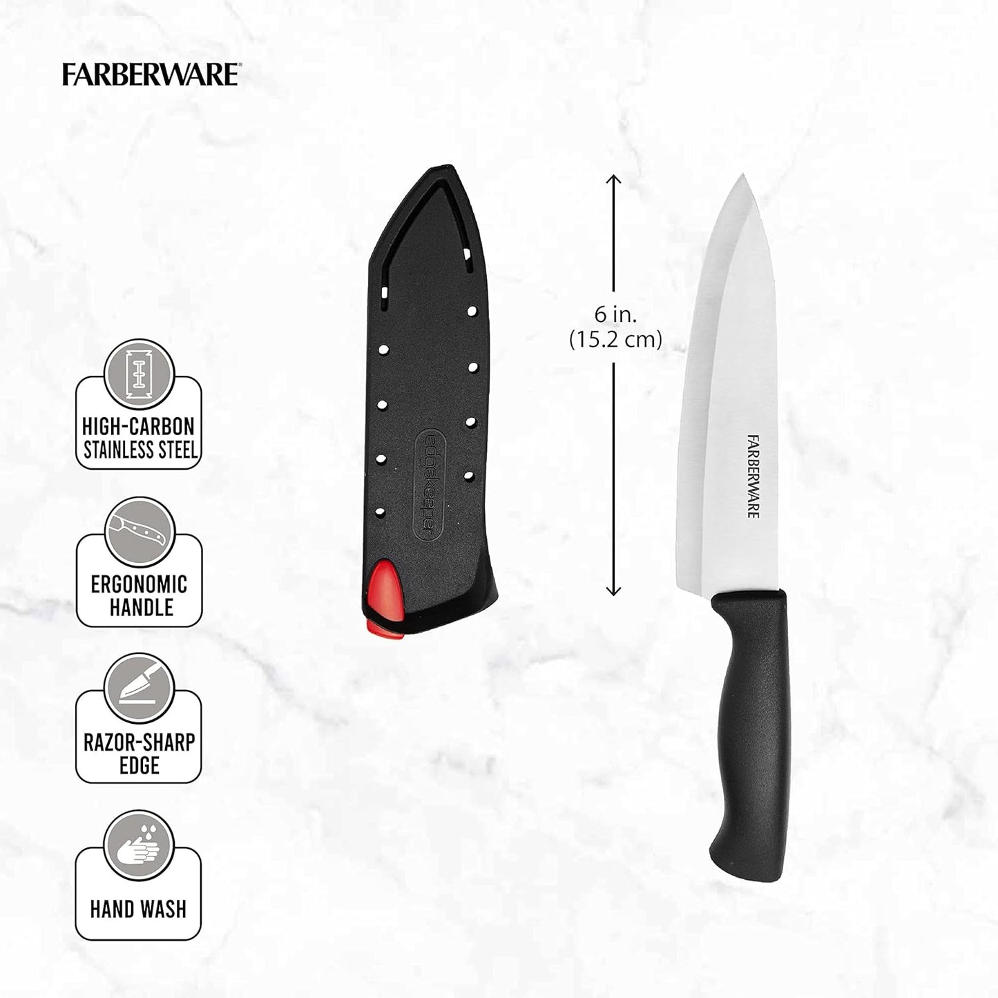 Farberware Edgekeeper 6-Inch Chef Knife, Self-Sharpening Blade Cover, Black