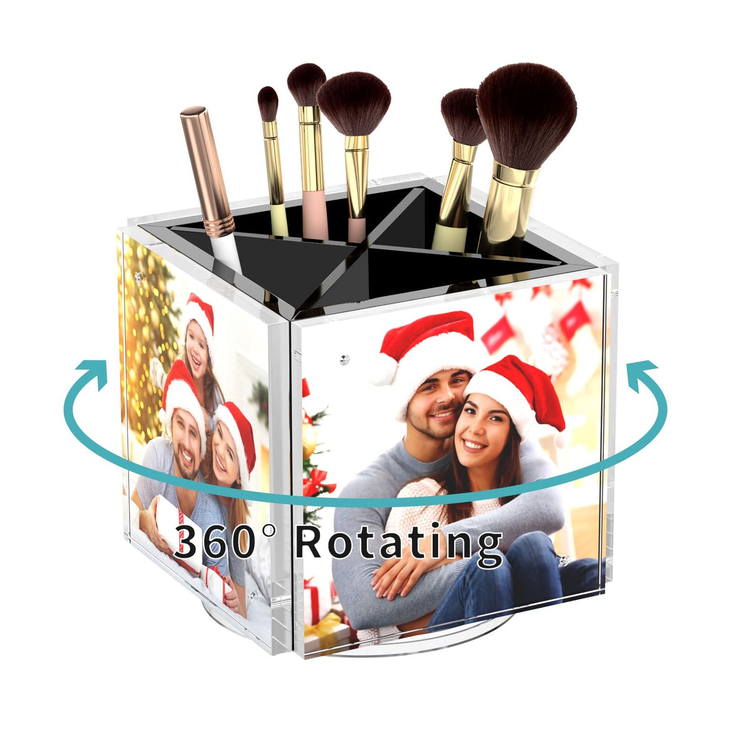 HIIMIEI Acrylic Picture Frames for Desk, 4-side Magnetic Photo Cube Pen Holder 4"x 4", 360° Rotating Desktop Organizer for Pencil, Makeup Brushes, Home, Office (Black)