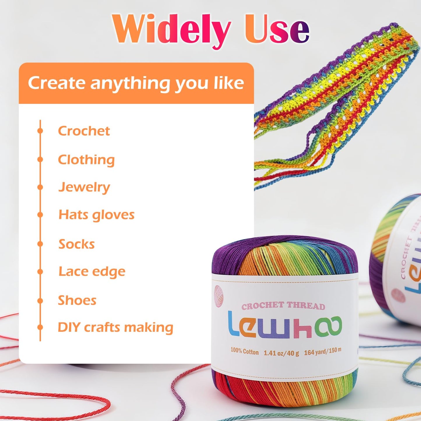 Lewhoo Crochet Thread Size 3, 3 Pack 100% Cotton Lace Yarn Set, 40g Balls Yarn for Hand Knitting Rainbow