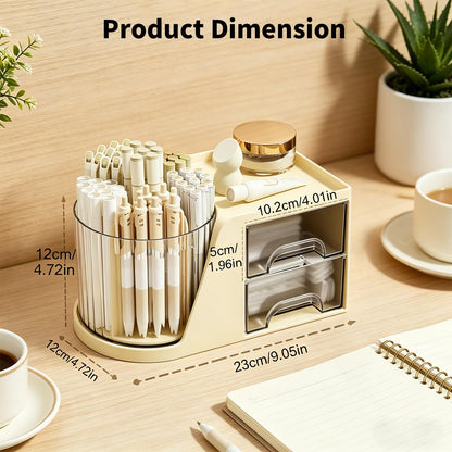 KDYNIX 360 Rotating Makeup Organizer with 2 Drawers, Spinning Cosmetic Brush Holder & Pen Cup, Multi-Purpose Desktop Storage for Bathroom Vanity, Art Supplies, Skincare, Office Desk