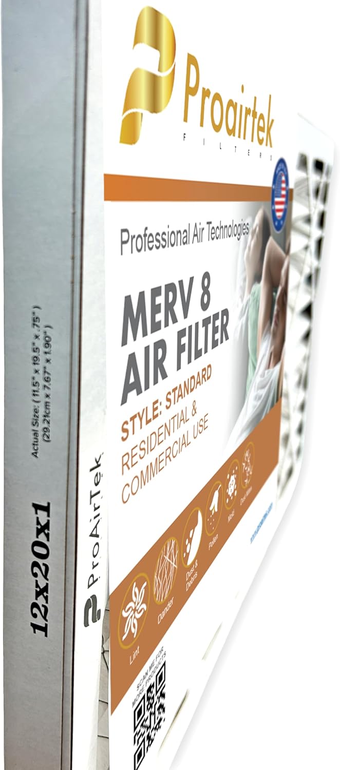 Proairtek AF12201M08SWH Model 12x20x1 Air Filter, MERV 8 for Clean Air in Home, Captures Microscopic Particles