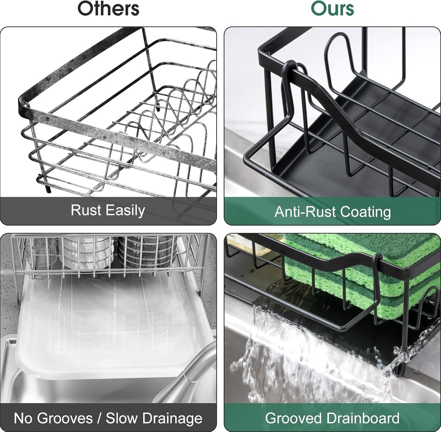 SWILLE Sponge Holder for Kitchen Sink - Sink Caddy Organizer with Auto Drain Tray, Detachable Towel Rack, Stainless Steel Kitchen Counter Organizer Rack, Black