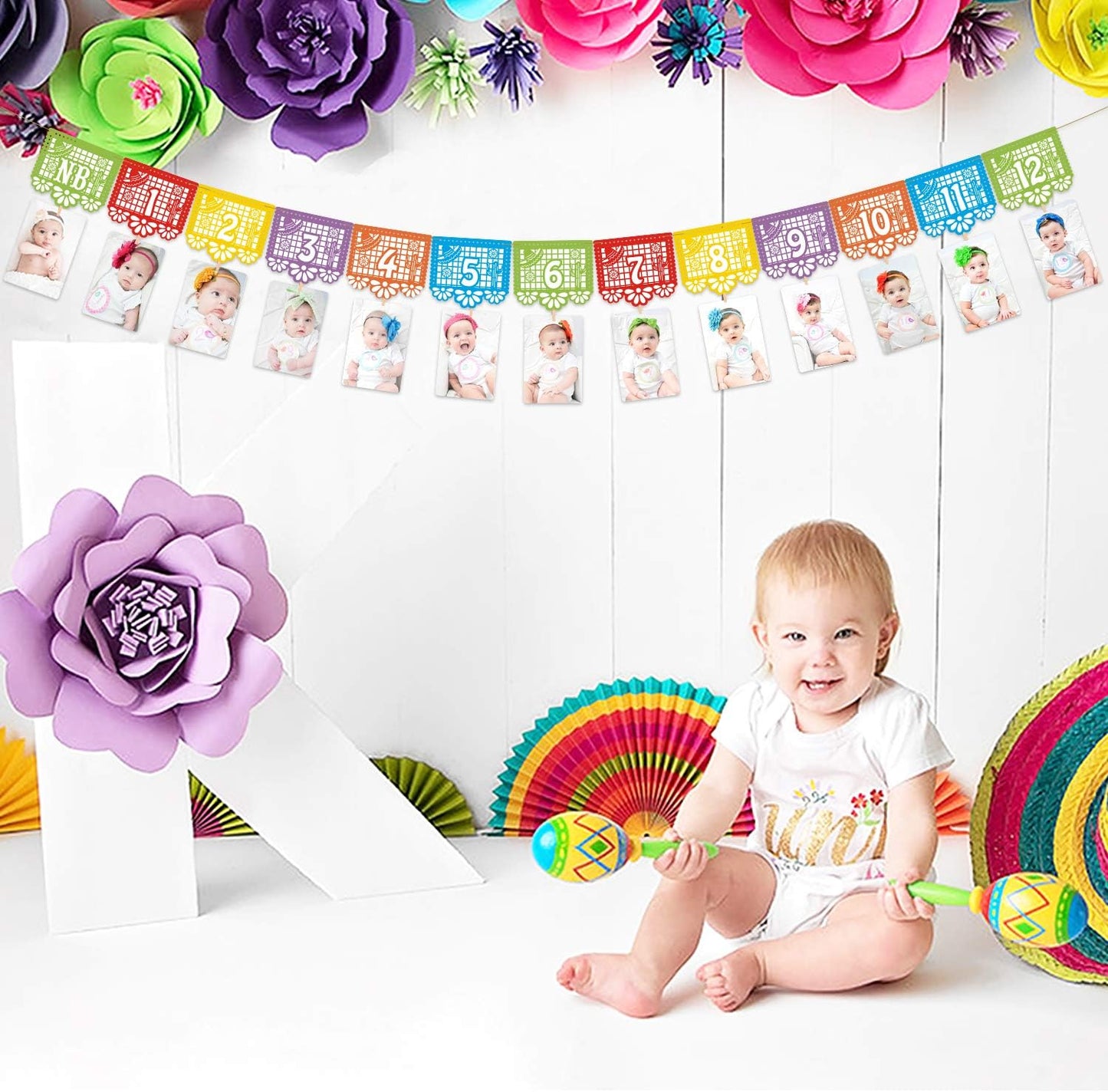Kitticcino 1st Birthday Photo Banner, Papel Picado Mexican Fiesta Monthly Garland, Baby Newborn to 12 Months, Cino de