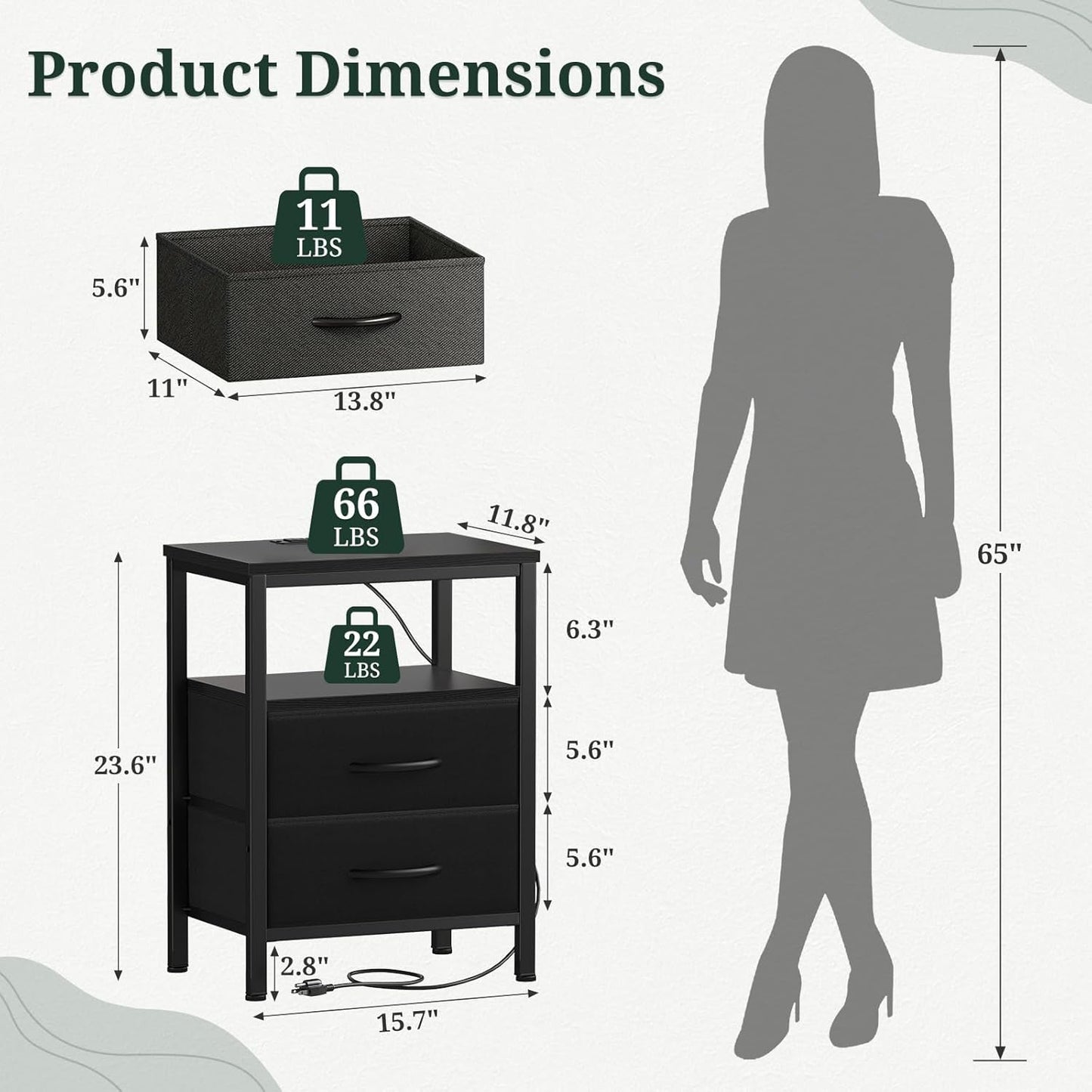 2 Nightstand with Charging Station, Bedside Table with USB Ports & Outlets, Small Dresser End Table with Fabric Drawer