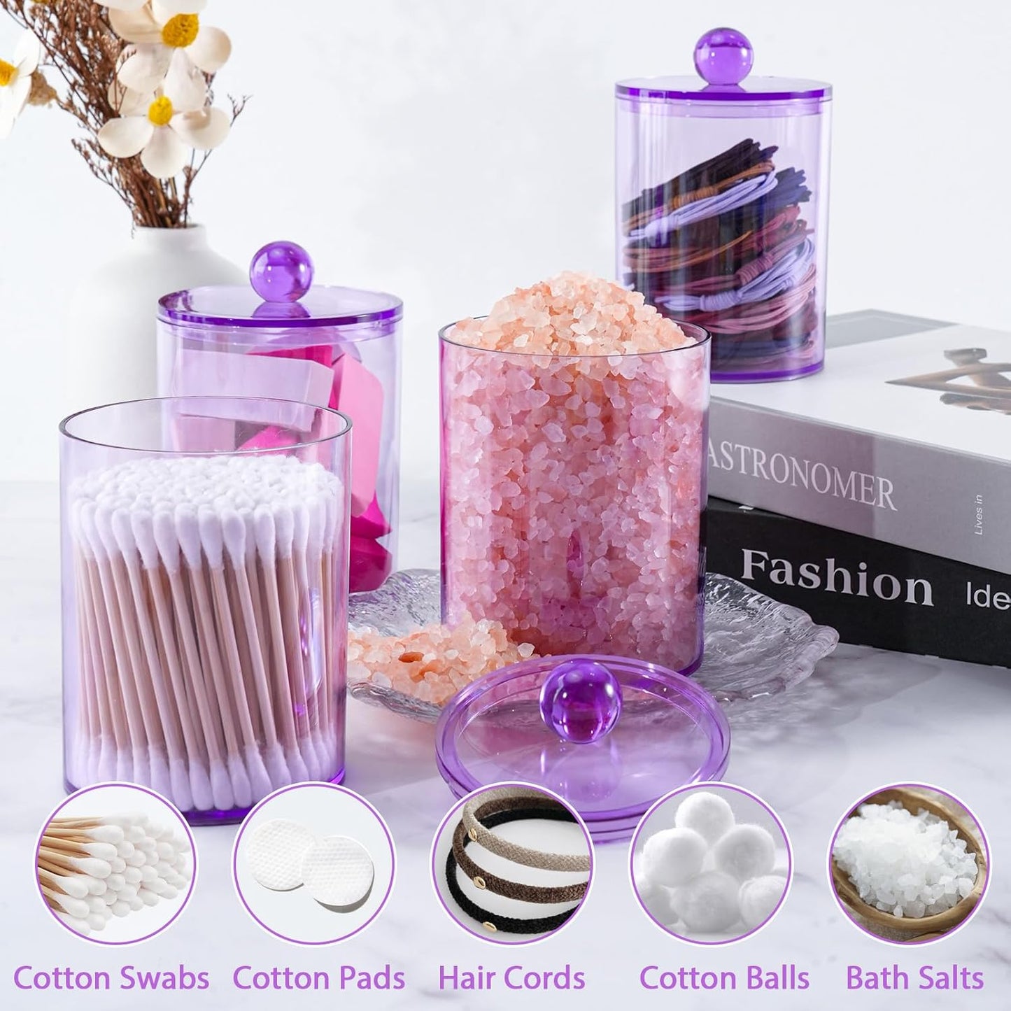 XIPENGKEJI Qtip Holder Set - 4 Pack Apothecary Jars with Lids for Bathroom Organization | 10oz-12oz Purple Canisters