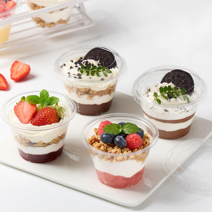 Jycnolm 50 Pack 6 oz Plastic Dessert Cups with Lids, Small Plastic Yogurt Parfait Cups, Mini Round Party Serving Cup for Pudding, Fruit, Cake, Appetizer, Dessert Shot Glasses