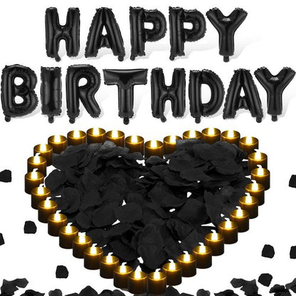 Charnoel Black Happy Birthday Balloons Decorations Happy Birthday Letter Balloons Banner Set with 24pcs Round Flameless LED Candles and 2000pcs Artificial Rose Petals for Women Men Room Party Decor