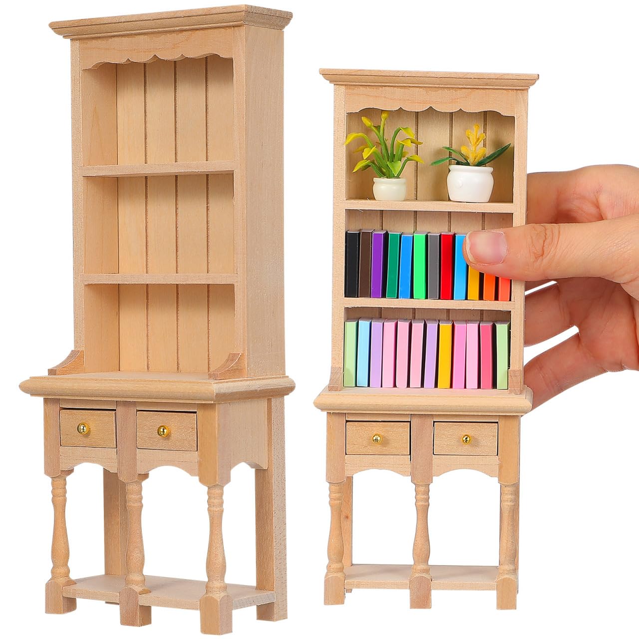 NUOBESTY 1:12 Scale Dollhouse Bookshelf, Miniature Wooden Cabinet with Drawers, Mini Display Shelf for Doll House Furniture Accessories, Tiny Library Study Room Decor Model