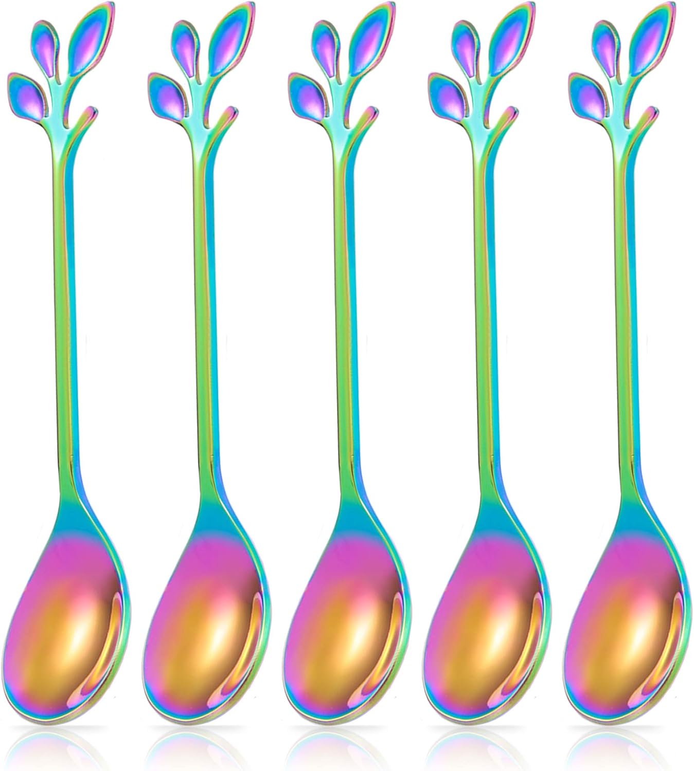 Rainbow Leaf Coffee Spoons, IFeico 4.7 inch Stainless Steel Ice-Cream Tea Sugar Spoons, 5 Pack
