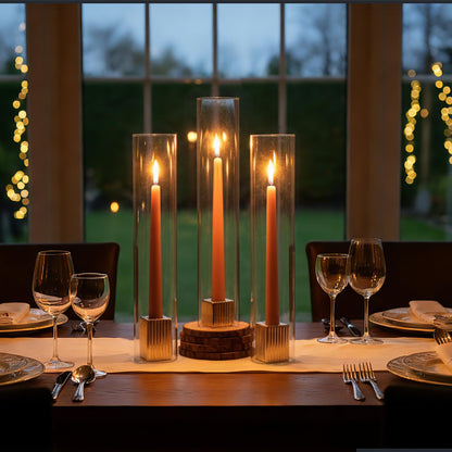 LETINE 14" Tall Hurricane Candle Holders with Gold Ribbed Taper Candle Holders Set of 9– Bulk Windproof Taper Candle Hurricane Glass for Outdoor&Indoors Wedding Centerpiece, Event & Home Decor
