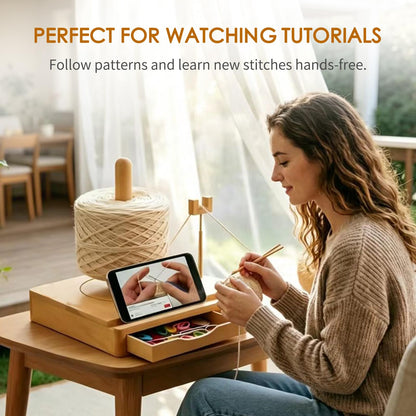 Portable Multi-Functional Wooden Yarn Spool Rotator with Phone Holder, Detachable Yarn Spool Box and Crochet Accessory Storage Box, Designed for Knitting Enthusiasts. (Original Wood Style)