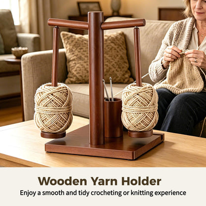 Wooden Yarn Holder for Crocheting and Knitting, Upgraded Metal-gripping Rotating Yarn Winder Ball Spinner with Spindles & Hook Storage for Knitting, Ideal Present for Crochet Accessories Tools
