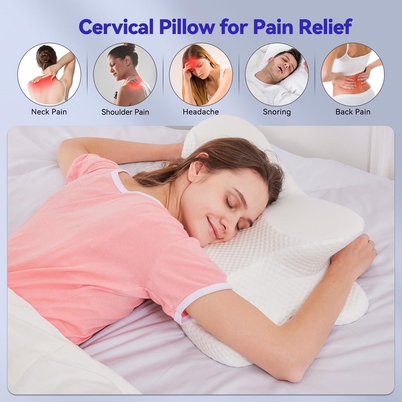 Deason Cervical Neck Pillow for Sleeping, Ergonomic Memory Foam Pillow for Neck Pain Relief, Adjustable Height Bed Pillow for Side & Back Sleepers, Ice Silk Breathable Cover, White