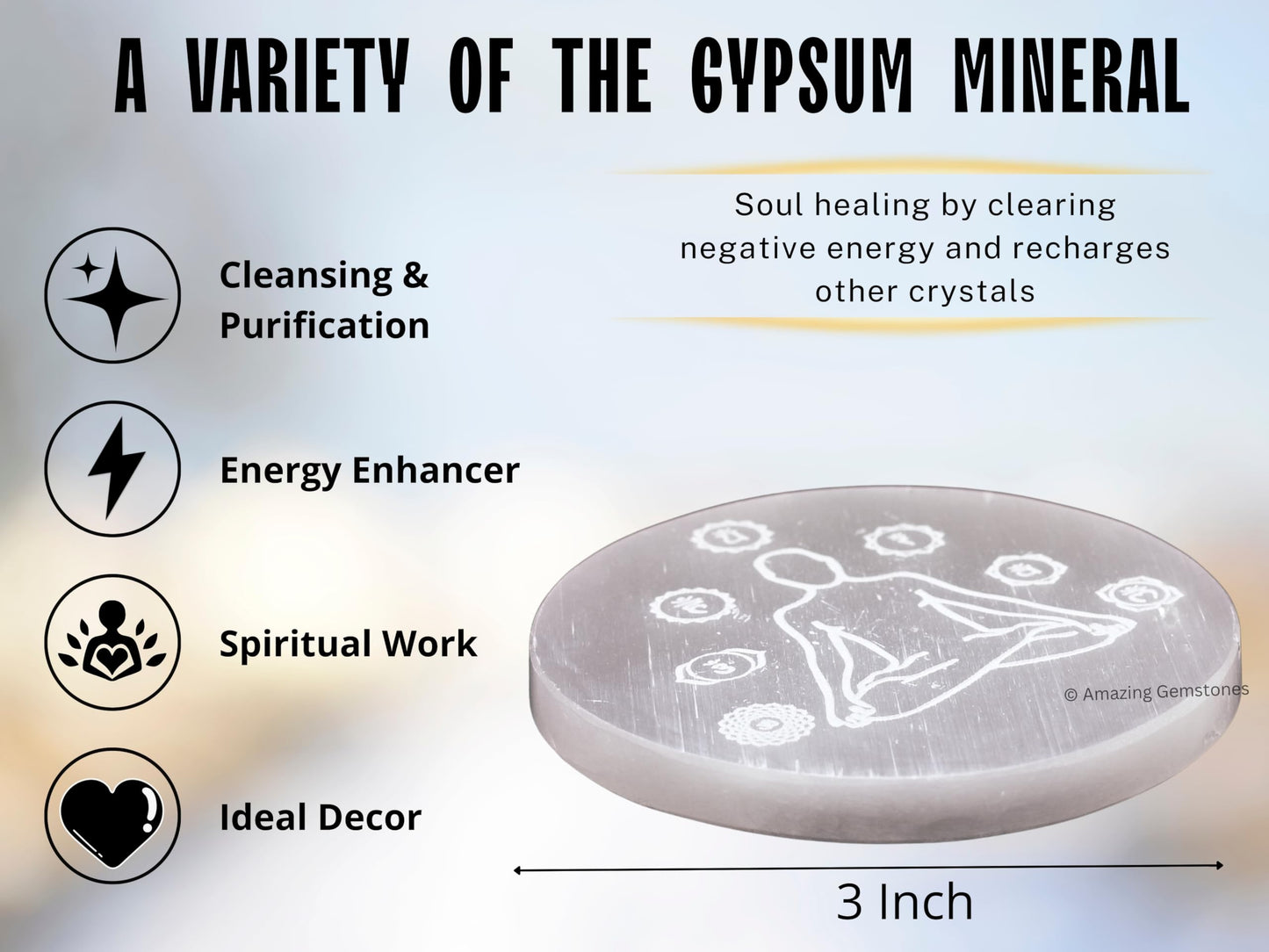 Amazing Gemstone Selenite Crystal Charging Plate For Crystals And Healing Stones, 3" Selenite Crystal Plate Engraved Buddha Coaster For Home, Office Table Decor (Selenite Round Disc)