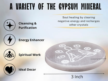 Amazing Gemstone Selenite Crystal Charging Plate For Crystals And Healing Stones, 3" Selenite Crystal Plate Engraved Buddha Coaster For Home, Office Table Decor (Selenite Round Disc)