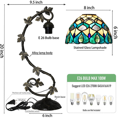 ZYLINX Tiffany Lamp Stained Glass Style Table Lamp 8 x 10 x 21” Peacock Feather Bedside Reading Light with Arched Metal Leaf Base for Desk Bedroom Living Room Study