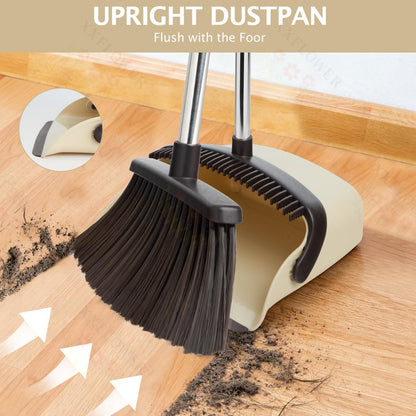 XXFLOWER Broom and Dustpan Set with Long Handle, Heavy Dust Broom and Dustpan Combo for Home，Kitchen, Office, Pet Hair(Beige)