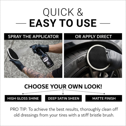 CAR GUYS Tire Shine Spray | High Gloss & Satin Finish | Non-Greasy, UV Protection, Long-Lasting, Quick Drying | Dressing for Black Tires, Wheels, & Rubber | 18oz Kit with Applicator Pad