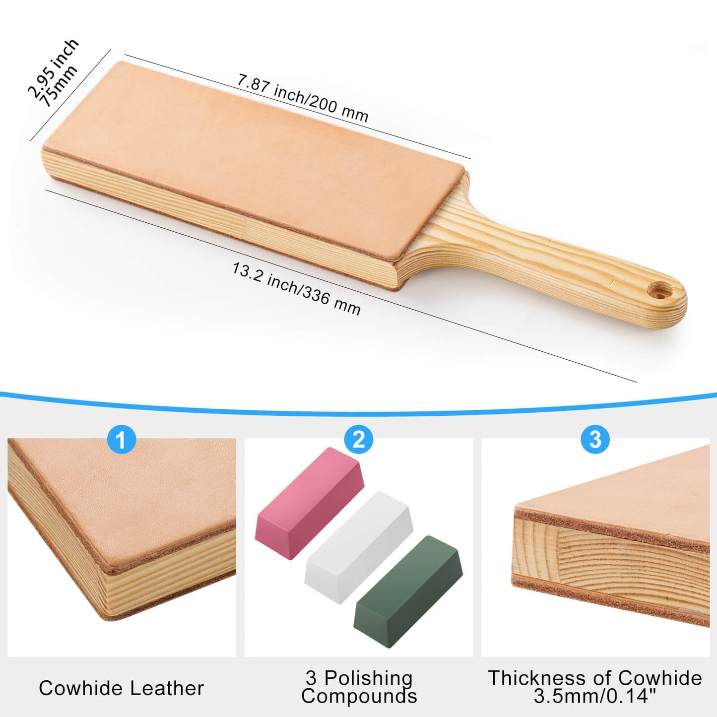Angerstone Oversize Double Sided Leather Strop Kit(3" Knife Stropping Leather）with Ergonomic Handle - Knife Strop for Sharpening Knives, Wood Carving Chisels, Buffing Compound Included