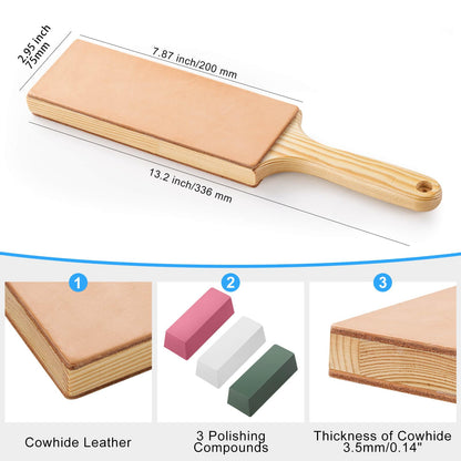 Angerstone Oversize Double Sided Leather Strop Kit(3" Knife Stropping Leather）with Ergonomic Handle - Knife Strop for Sharpening Knives, Wood Carving Chisels, Buffing Compound Included