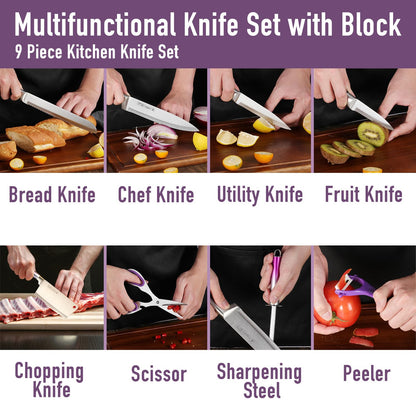 KOSHA Kitchen Knife Set, 9 Piece Knife Set with Block, with Sharpener, High Carbon Stainless Steel Accessories for Kitchen, Rust Proof, Non-Stick Coated, Ergonomic Hollow Horseshoe-shaped Handle