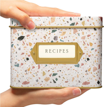 Jot & Mark Decorative Recipe Tin Box: Holds Hundreds of 4” x 6” Recipe Cards (Terrazzo)