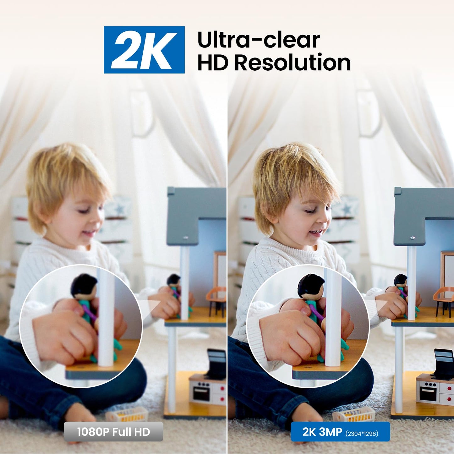2K Indoor Security Camera-Baby Monitor with 2.4G WiFi Camera and Audio, Siren/Night Vision for Home/Pet/Nanny/Cat, 24/7 SD Card Storage, Cloud (Optional), Compatible with Alexa & Google Home, D1 2P