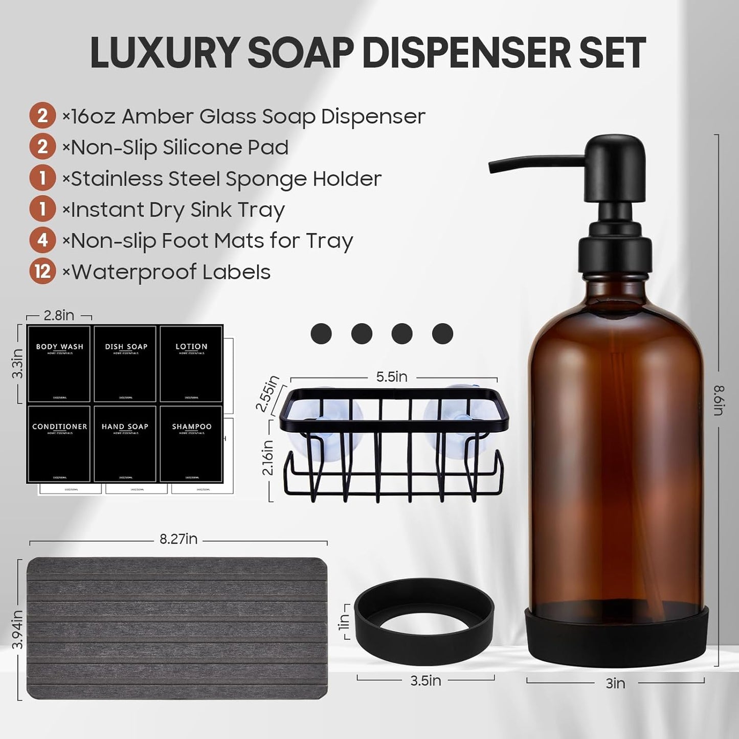 NEECZS Set Holder,16 Oz Set,Stainless Kitchen Soap Dispenser with Instant Dry Tray & Sponge Hand and Dish Soap Amber