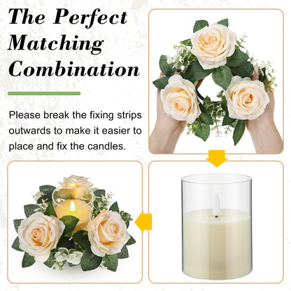 Yunlly 32 Pcs Rose Candle Rings with Flameless Candles Sets, Artificial Flower Eucalyptus Wedding Centerpiece 3 Inch Pillar Candleholders Wreaths for Wedding Party Mother's Day (Champagne)