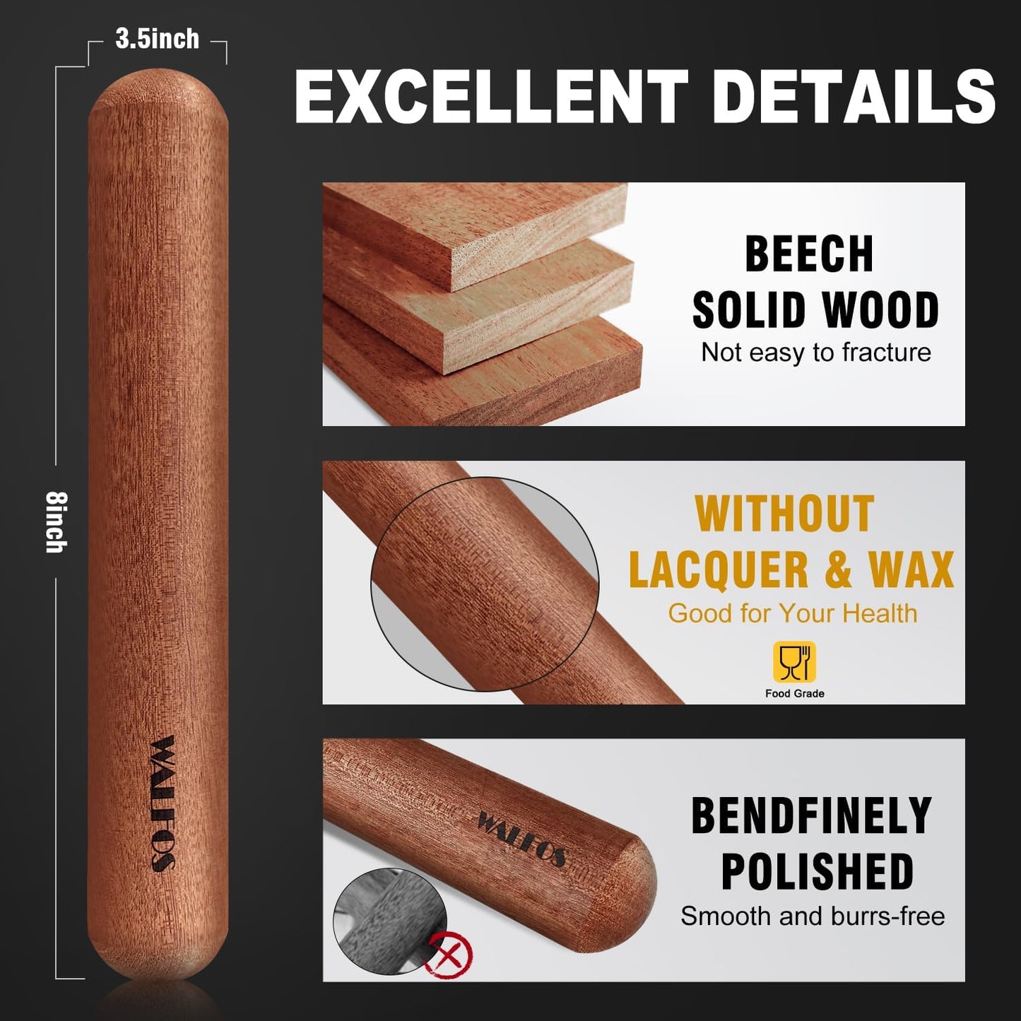 Walfos Mini Rolling Pin Set, Small Natural Wooden Rolling Pins with Non-Stick Silicone Baking Mat for Dough