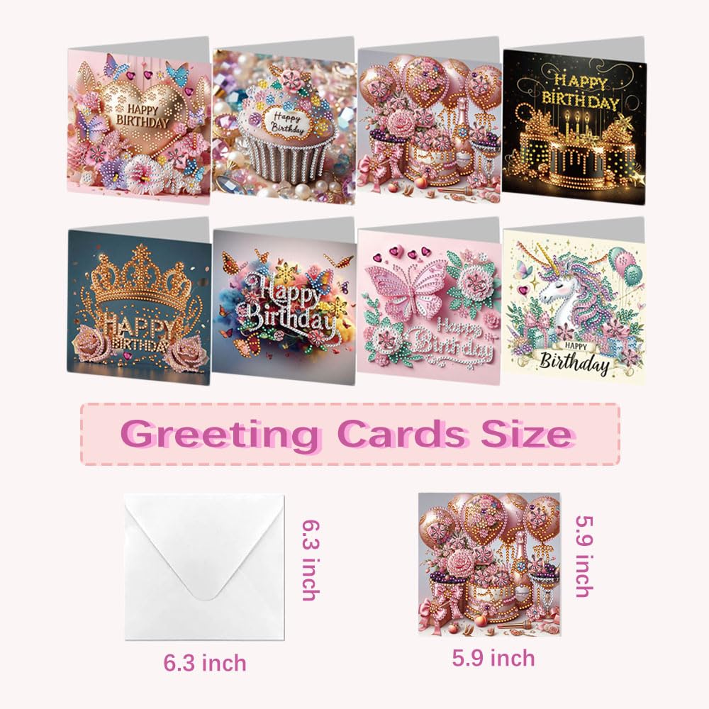 JBTM24 8 Pack 5D DIY Diamond Painting Cards Kit, Diamond Art Birthday Holiday Greeting Card, Art Crafts Kit Creative Gift with Envelope, Card Making Kits for Adults, Birthday