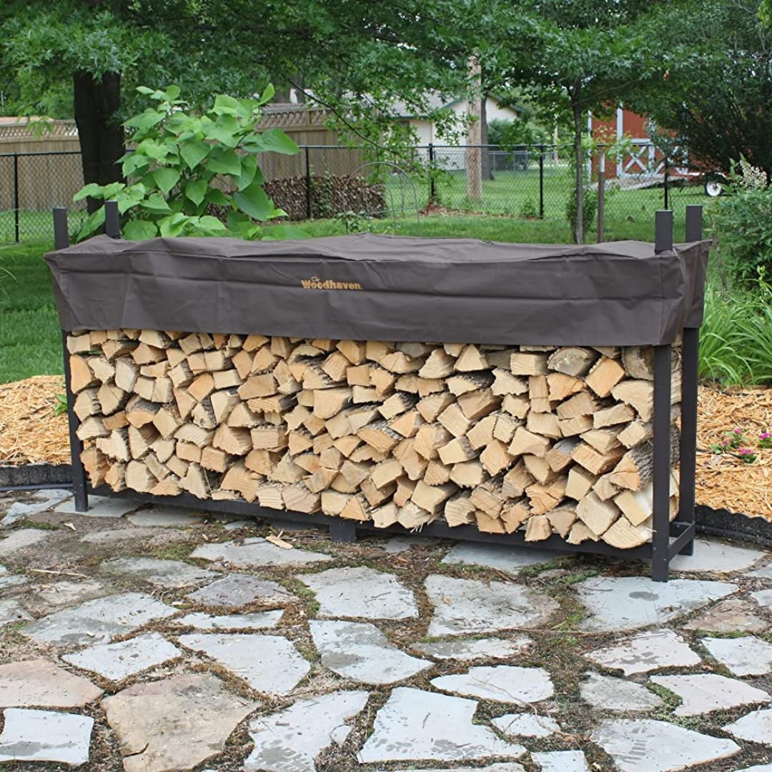 Woodhaven 10 Foot Brown Outdoor Firewood Rack With Optional Seasoning Cover - Made In USA - Holds 1/2 Plus Cord Of Firewood And Logs - Brown UV-Stable Powder Coat Finish