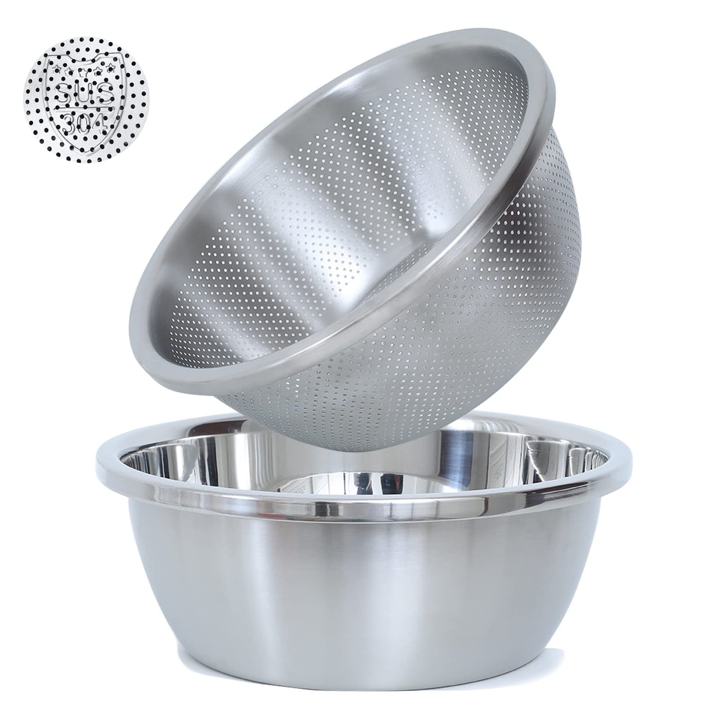 304 Stainless Steel Microporous Colander, 3.5QT Large Capacity with Mixing Bowl For washing vegetables fruit and rice and for draining cooked pasta(2PC)
