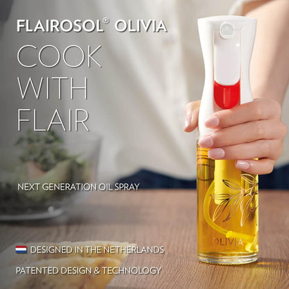 FLAIROSOL OLIVIA. The Original Advanced Oil Sprayer for Cooking, Salads, BBQs and More, Continuous Spray with Portion Control, Trusted by Chefs. Patented Technology. (Glass Bottle) (Gold Print)