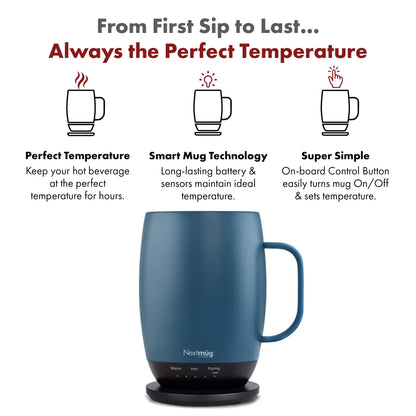 Nextmug Plus (Slate Blue - 18 oz.) Temperature-Controlled, Self-Heating Mug – No App, Long-Lasting Battery for Work & Study, Great Gift for Coffee Lovers