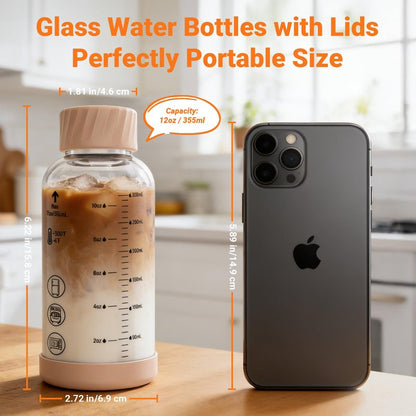 Luxfuel Glass Juice Bottles with Lids 12oz, 6 Pack – Borosilicate Glass Bottles for Juicing, Smoothies, Water & Beverage Storage, Stainless Steel Lids, Reusable, Leakproof, Heat-Resistant, BPA-Free