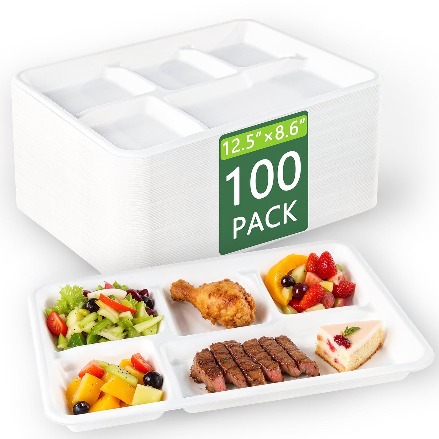 WELLIFE 100% Compostable 5 Compartment Paper Plates, 100 Pack Disposable School Lunch Trays Divided Plates for Adult Youth, 12.5 * 8.6 inch Heavy Duty Eco-Friendly Bagasse Plate for Buffet and Party