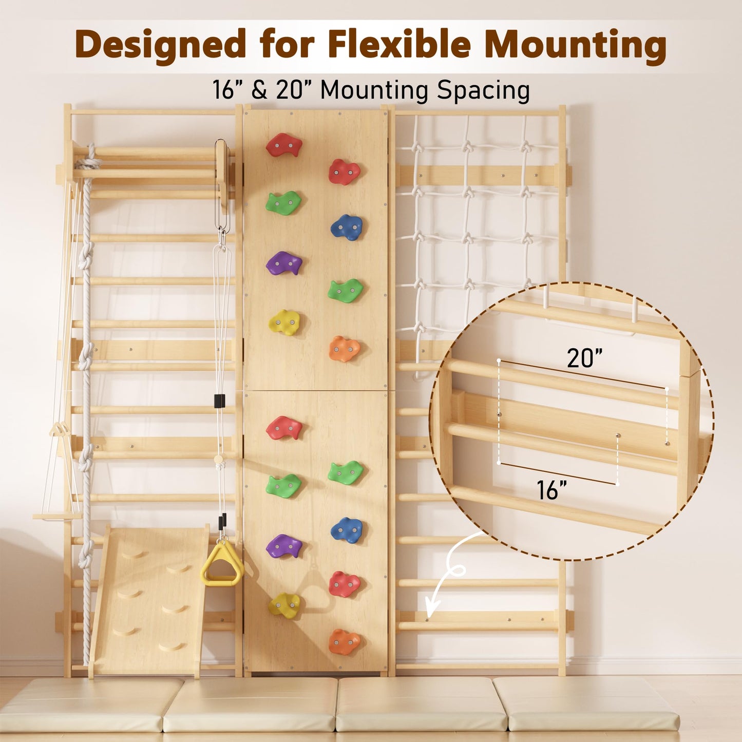 Cofiyard 9-in-1 Swedish Ladder Wall Gym & Climber, 94.5'' Wooden Wall-Mounted Climbing Set with Double-Sided Slide, Swing, Rope, Rings, Monkey Bars, Kids Indoor Playset, Wooden Climbing Jungle Gym