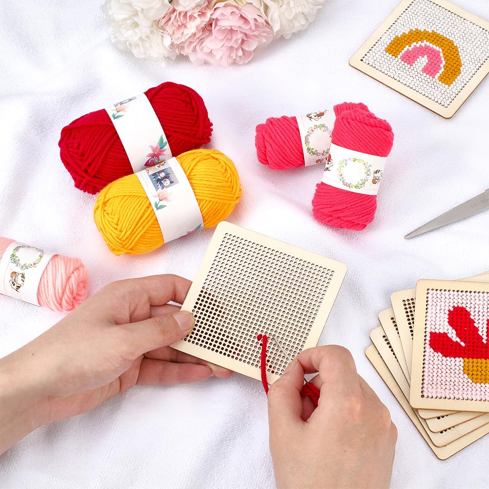 INFUNLY 6 Set Boho Coaster Needlepoint Kit 3.9x3.9 Wooden Rainbow Art Work Embroidery Kit Embroidery Needle Coasters Crafts Adult Mug Rug Making Kit for Beginners Mushroom Mug Rug Making Kit