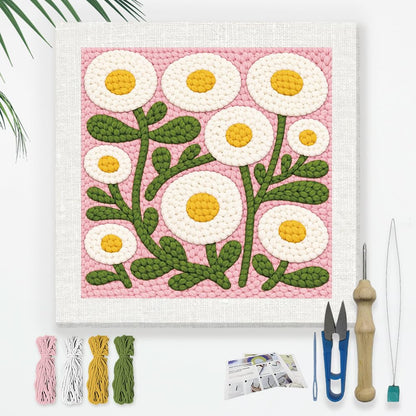 DOODLREAM Round Flower Needle Kit for Beginner, 9.4"x 9.4" Cute Floral Punch Stitching Craft Set, DIY Embroidery Starter with Printed Frame, Instruction, Threader, Yarn, Pinch Needle