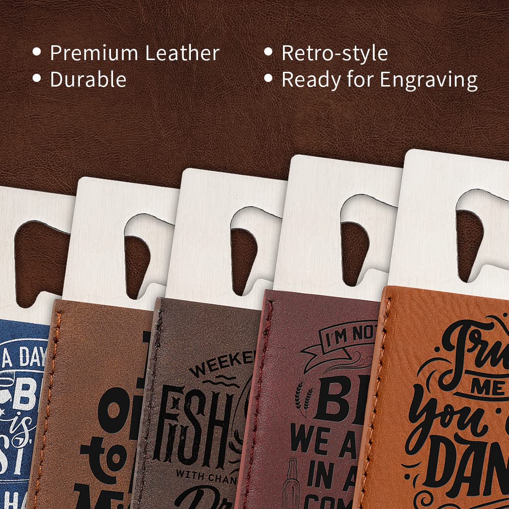 PYD Life 8 Pack Credit Card Bottle Opener Stainless Steel with Brown Leather Handle Blanks 2.2" x 3.3" for Glowforge Xtool Laser Engraing Custom Name Patterns,Beer Opener for Kitchen,Bar,or Home
