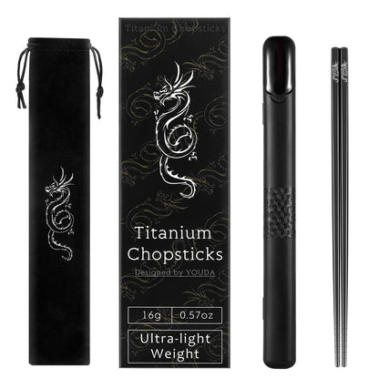Youda 99.8% Pure TITANIUM Chopsticks 1 Pairs with Black Carrying Case Ultralight and Reusable Chopsticks for Camping, Home, Travel