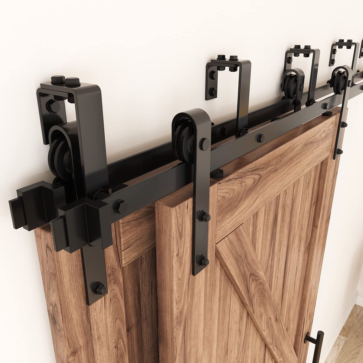 ZEKOO 12FT Double Track Bypass Sliding Barn Door Hardware Kit for 2 Doors, Bypass Barn Door Track Kit, Low Ceiling, Easy Install, J Shape Hanger, Fit 72" Wide Door Panel