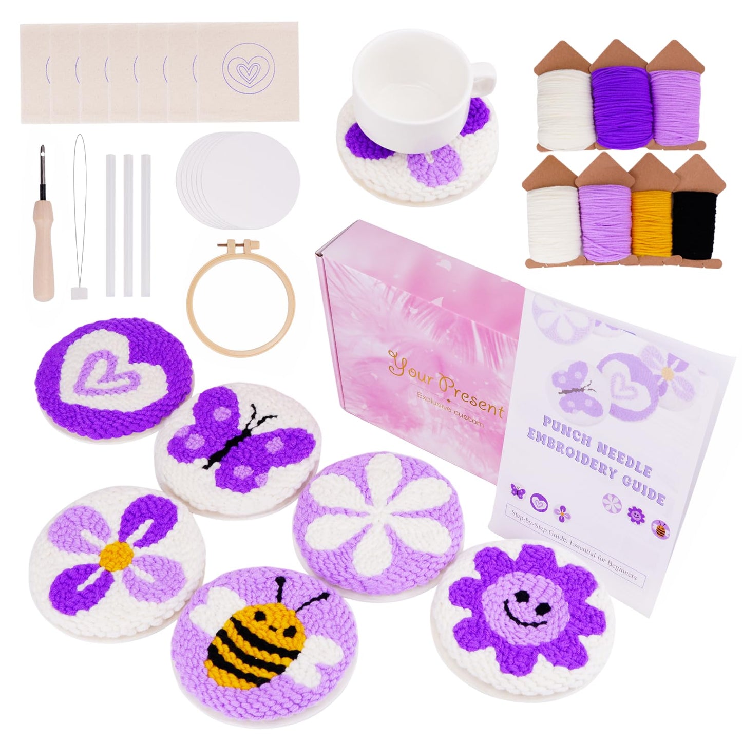 Nuoviyiya Punch Needle Kit for Adults Beginner - Complete Punch Stitching Kits with 6 Patterned Fabrics, Felt, Yarns, Tools and Instructions - Easy Embroidery Coaster Kit for Craft Enthusiasts