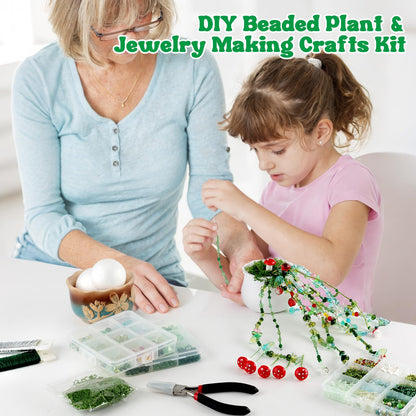 Tarklanda 5450 Pcs Green Glass Beaded Plant Kit, Crystal Leaf Flower Beads for Jewelry Making DIY Crafts Kit for Forever Plant Lovers Women Gifts with Plant Pot
